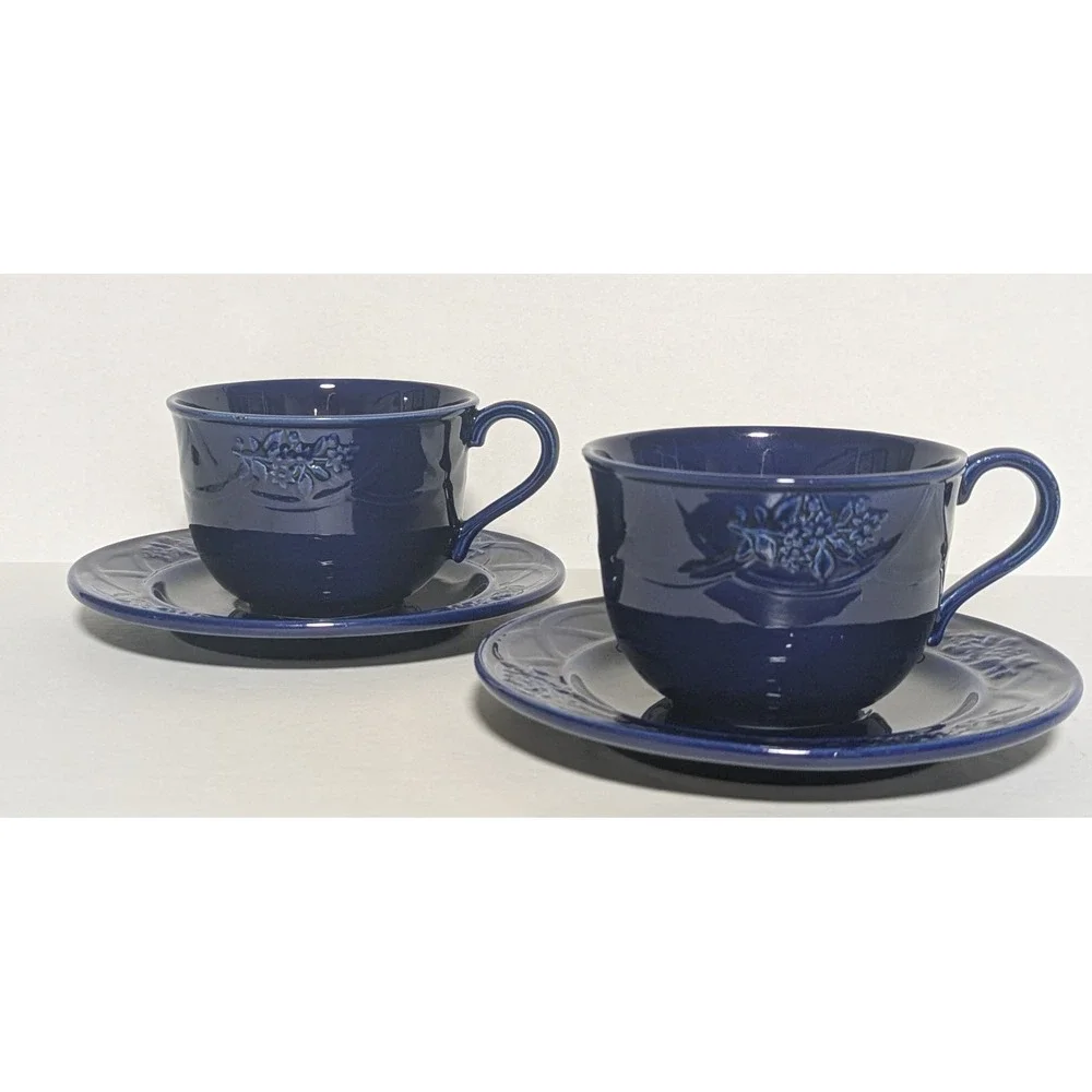 Jay Willfred Andrea‎ by Sadek Cobalt Blue Cup & Saucer (2) Floral Motif Portugal